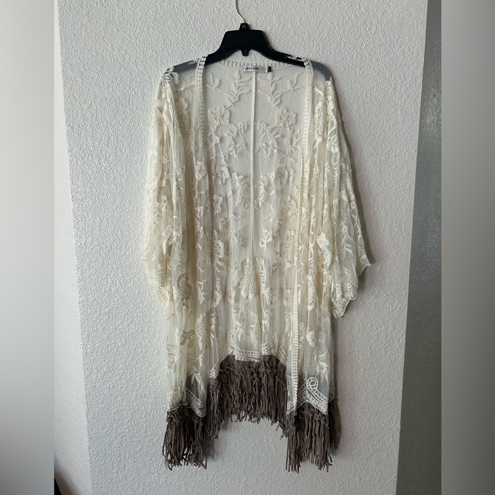 Cream Lace Kimono with Fringe Plus Size Boho Festival Western Style